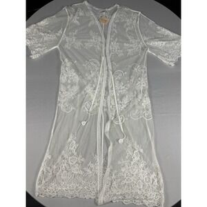 Women's Lace Kimono Duster White Sheer Floral Embroidered Boho Cover Up Long